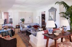 a living room filled with furniture and a potted plant on top of a table