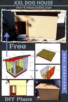 the plans for a dog house are shown in three different stages, including construction and assembly