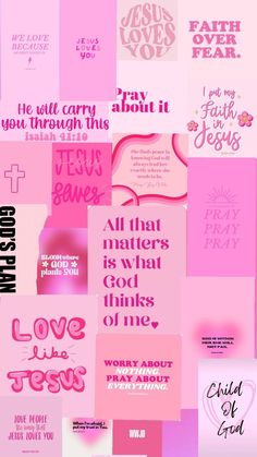 many different types of pink and white text