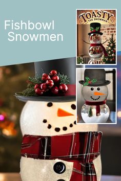 a snowman with a hat and scarf on it's head is shown in front of the words fishbowl snowmen