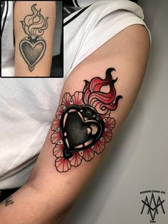 a woman's arm with tattoos on it and an image of a heart in the middle