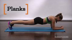 a woman doing planks on a blue mat with the words planks above her