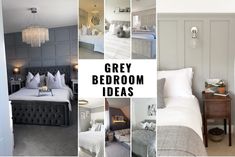 a collage of grey bedroom decor with white bedding