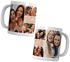 two white coffee mugs with different photos on them and the words cuppa written in pink