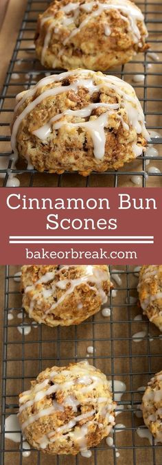 cinnamon bun scones with icing on a cooling rack