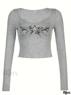 Bjux - Stylish Floral Print Notch Neck Crop T-Shirt: A Versatile Long Sleeve Top for Womens Spring and Fall Fashion Gray Y2k Tops For Spring, Gray Y2k Style T-shirt For Spring, Gray Y2k Graphic Print Top, Gray Y2k T-shirt For Spring, Gray Stretch Top With Graphic Print, Gray Stretch Tops With Graphic Print, Trendy Gray Printed Tops, Fitted Gray Top With Letter Print, Gray Long Sleeve Top With Graphic Print