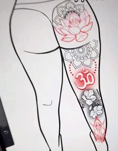 a drawing of a woman's leg with flowers on it and the number 30