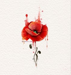 a watercolor painting of a red flower with drops of paint on it's petals