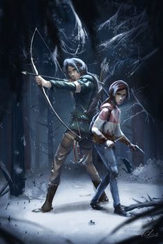 an image of two people in the woods with bows and arrows, one holding a bow