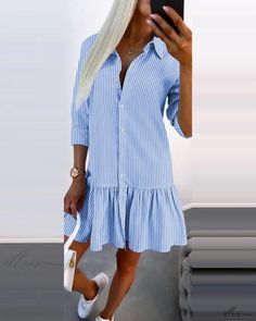 Elluis - Exquisite Striped Ruffle Hem Buttoned Shirt Dress A Line Shirt, Button Shirt Dress, Buttoned Shirt, Chic Type, Striped Shirt Dress, Ruffle Shirt, Round Neck Dresses, Daily Dress, Type A