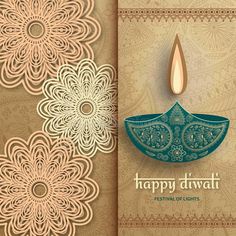 happy diwali festival card with paper cut design and flower pattern on beige background