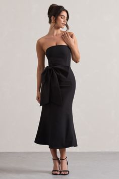 To Me Black Bandeau Midi Dress With Oversized Bow – Club L London - USA Chic Strapless Dress With Bow For Formal Events, Chic Strapless Dress With Fitted Bodice For Banquet, Chic Midi Strapless Dress For Banquets, Chic Strapless Midi Dress For Banquet, Elegant Strapless Dress With Bow For Formal Occasions, Elegant Formal Strapless Dress With Bow, Elegant Strapless Formal Dress With Bow, Black Bandeau, Black Dress Prom