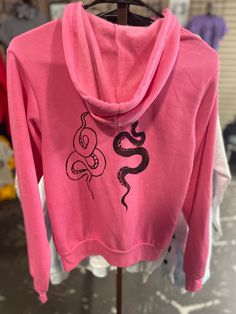 Block printed sweatshirt, handmade, hand-carved stamps, unisex sweatshirt, zip-up, hoodie, snakes, Barbie pink Pink Long Sleeve Hoodie With Screen Print, Casual Pink Hoodie With Screen Print, Pink Band Merch Sweatshirt For Streetwear, Pink Long Sleeve Band Merch Sweatshirt, Barbie Rosa, Carved Stamps, Crystal Lake, Zip Sweatshirt, Snakes