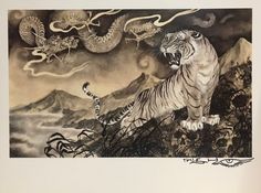 a drawing of a tiger and two snakes on a mountain top with clouds in the background