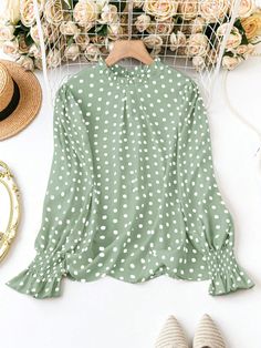 Plus Size Polka Dot Printed Long Sleeve Casual Blouse For Spring And Summer Green Casual  Long Sleeve Woven Fabric Geometric,Polka Dot,All Over Print Top Non-Stretch  Women Plus Clothing, size features are:Bust: ,Length: ,Sleeve Length: Bollywood Outfits, Summer Green, Plus Size Top, Polka Dot Print, Plus Size Blouses, Casual Blouse, Casual Shirt, Dot Print, Long Sleeve Casual