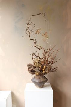 Dried flower ikebana with brown ceramic vase