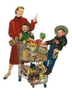 a woman and two children are sitting in a shopping cart with the man pointing at them