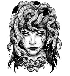 a drawing of a woman's face with snakes on her head