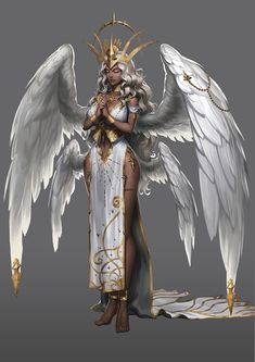 a woman dressed as an angel with white wings and gold trimmings, standing in front of a gray background