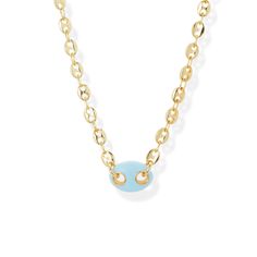 18k Gold-Plated Brass Length: 14" Extender: 2" Lobster clasp closure Luxury Light Blue Necklace For Gift, Blue Pendant Necklace With Cable Chain, Blue Cable Chain Necklace As Gift, Light Blue Clavicle Chain Necklace, Elegant Blue Necklace With Cable Chain, Blue Gold-plated Chain Necklace As Gift, Blue Cable Chain Necklace For Gifts, Blue Gold Plated Chain Necklace As Gift, Blue Adjustable Gold-plated Chain Necklace