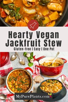 hearty vegan jackfruit stew with spinach and mushrooms