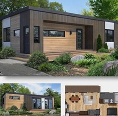 the front and back side of a small house with wood sidings, windows, and doors