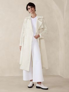 Linen-Blend Trench Coat | Banana Republic Factory White Trench Coat, Coated Leggings, Oversized Trench Coat, Trench Coat Outfit, Trench Dress, Outfit Formulas, Belted Trench Coat, Banana Republic Factory, Notch Collar