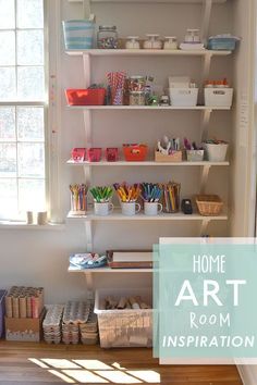 an image of a room with shelves and craft supplies on the shelf in front of it