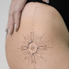 Sun Calf Tattoo, Celestial Shoulder Tattoos For Women, Sun Worship Tattoo, Hip Sun Tattoo, Celestial Thigh Tattoo, Tattoo Sun Moon Stars, Sun Tattoo Leg, Sun Tattoo Hip, Sun Inspired Tattoo