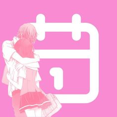 a couple hugging each other in front of a pink background with the letter e on it