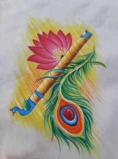 an artistically painted peacock feather with a pencil and flower on it's tail