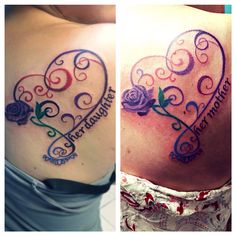 two pictures of the same woman's back with tattoos on them, one has a heart and the other has roses