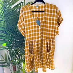 Great Condition, Never Worn, Tags On Plaid Sundress Mini Dress For Vacation, Casual Plaid V-neck Midi Dress, Casual Plaid Dresses For Vacation, Summer Plaid Mini Dress For Vacation, Plaid Short Sleeve Dress For Vacation, Plaid Daywear Dresses For Summer, Plaid V-neck Dress For Day Out, Plaid Sundress For The Beach, Plaid Short Sleeve Dresses For Day Out