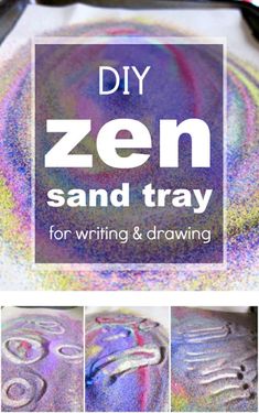 the words diy zen sand tray for writing and drawing are shown in four different pictures