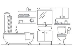 a line drawing of a bathroom with toilet, sink and shower