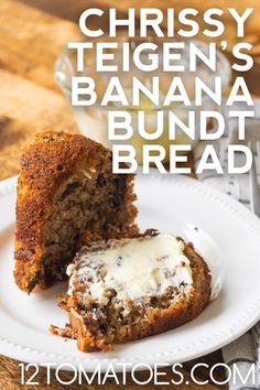 a banana bundt bread on a white plate with the words, crispy tegen's banana bundt bread