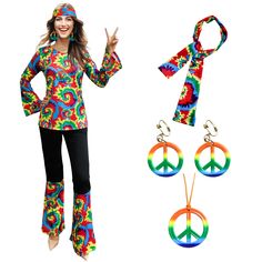 a woman in hippie clothing standing next to two peace signs and tie - dyed earrings