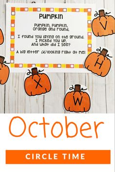 an orange and white photo with the words october written in front of pumpkins on a wooden background