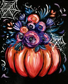 an acrylic painting of a pumpkin with flowers and spider webs on it