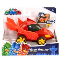 a red toy car with yellow wheels in a box on a white background and an image of the character from the movie pj masks