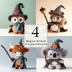 four crocheted animals with hats, scarves and brooms on their heads