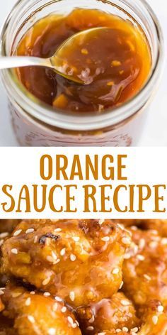 orange sauce in a glass jar with honey and sesame seeds next to it is the recipe