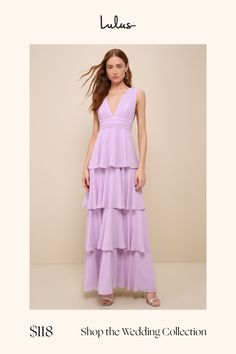 Make it an event to remember with the Lulus Amazing Evening Lavender Tiered Maxi Dress! Lightweight and flowy woven chiffon shapes this dress that has wide straps and a V-neckline and back. Pleating accents the cups and banded waist atop a tiered maxi skirt. Hidden back zipper/clasp. Fit: This garment fits true to size. Length: Floor length. Size medium measures 59.5" from shoulder to hem. Bust: Great for any cup size. Waist: Fitted - very fitted at natural waist. Hip: Not Fitted - fuller skirt Feminine Lavender Maxi Dress With Ruffles, Lavender Tiered Feminine Dress, Lavender V-neck Maxi Dress For Spring, Fitted Lavender Floor-length Maxi Dress, Lavender V-neck Bohemian Maxi Dress, Tier Dress, Dress With Pleats, Tiered Maxi Skirt, Dress Purple