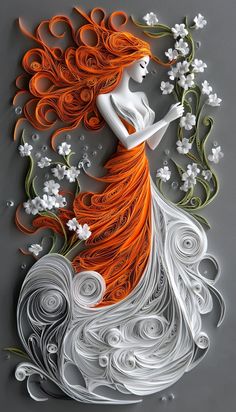 an orange and white paper cutout of a woman with flowers on her head, in front of a gray background