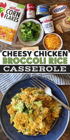 cheesy chicken broccoli rice casserole on a blue plate