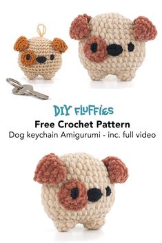 three crocheted stuffed animals are shown with the text, diy fluffyies free crochet pattern dog keychain amigurmi - inc - full video