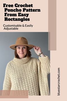 crochet poncho free pattern for women with text overlay "Free Easy Beginner Crochet Poncho From Easy Rectangles" Crochet Swoncho, Beginner Crochet Poncho, Crochet Poncho Pattern, Poncho Au Crochet, Crochet Bloggers, Crochet Cape, Simple Crochet