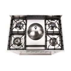 a stainless steel gas stove top with four burners and two knobs on each side