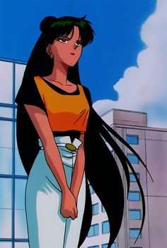 an anime character with long black hair standing in front of a building and looking at the camera