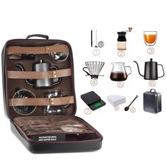 an open suitcase filled with different types of coffee and other things to drink in it